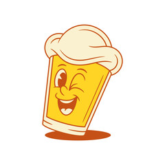 Comic beer glass cartoon character smiling winked vector flat illustration. Funky adorable malt foamy alcohol beverage mascot emoticon laughing having fun with positive emotion