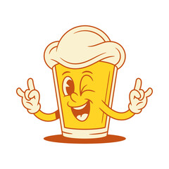 Cool comic beer glass cartoon character rock gesture vector flat illustration. Funky adorable malt foamy alcohol beverage mascot smiling having fun with positive emotion
