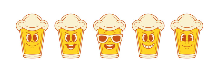 Adorable cute beer glass cartoon character smiling set vector flat illustration. Funky comic malt foamy alcohol beverage mascot in summer sunglasses smile happy having fun with positive emotion