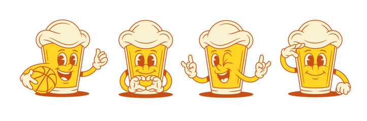 Funny positive beer glass cartoon character smiling set vector flat illustration. Comic cute malt foamy alcohol beverage mascot rock gesture army parade soccer football ball heart love sign