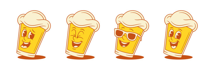 Cheerful smiling beer glass cartoon character set vector flat illustration. Cute comic malt foamy alcohol beverage mascot in summer sunglasses positive emoticon with happy smile tilt shadow
