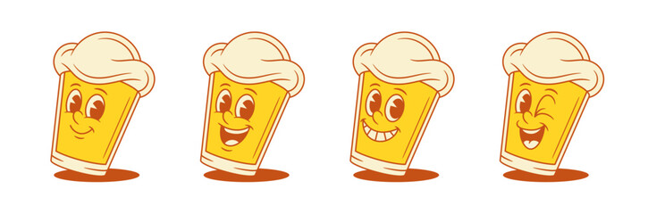 Cute positive emoji beer glass cartoon character set vector flat illustration. Adorable comic malt foamy alcohol beverage mascot teeth smiling happy winked having fun with positive emotion