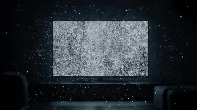 A static-filled TV screen against a dark backdrop with particles floating around