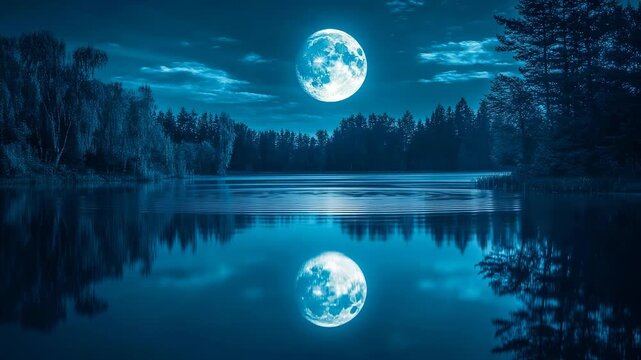 A serene blue nightscape with a full moon reflecting on a tranquil forest lake