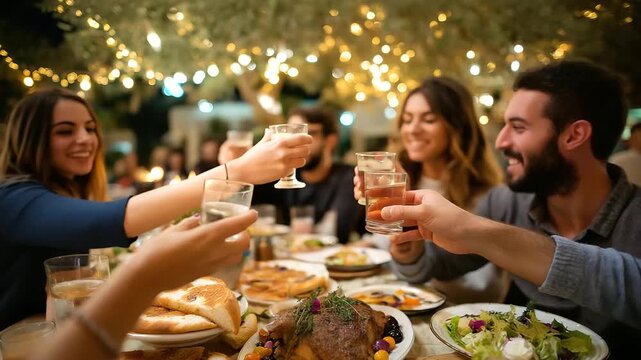 Young Greek Friends Celebrating Orthodox Easter With Ouzo and Lamb at Traditional Mediterranean Restaurant Terrace. Cultural Group Raising Glasses While Enjoying Tzatziki and Bakla