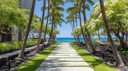 Obraz premium Pathway to ocean view flanked by palm trees and lush greenery on sunny day