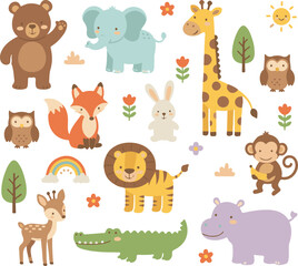 A seamless vector cartoon animal set featuring a cute collection of baby pets like a dog, cat, lion, bear, cow, elephant, horse, giraffe, rabbit, tiger, zebra, and sheep