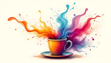 An AI illustration of a coffee cup with a vibrant and abstract splash of colorful swirls and shapes, creating a visually striking and modern design that captures the essence of creativity and energy.