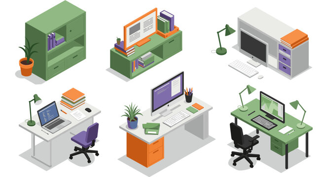 Isometric office furniture set with desks and computers in modern green and orange color scheme
