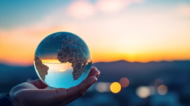 Hand holding a glass globe of Earth at sunset