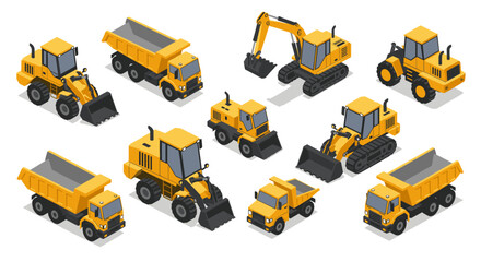 Obraz premium Isometric construction vehicles set featuring dump trucks and excavators