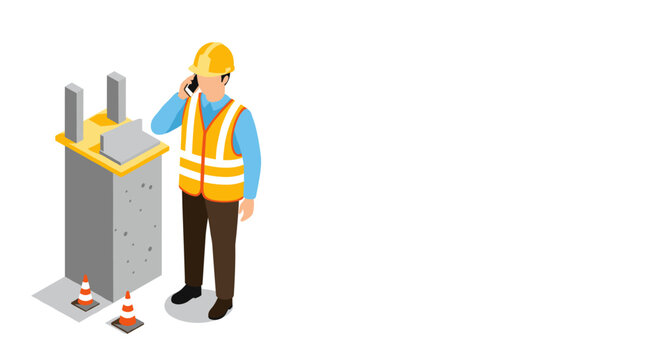 Construction worker in safety gear at worksite with concrete foundation isometric design