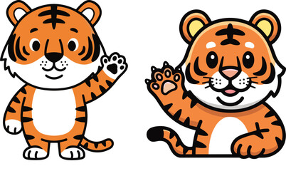 Two cartoon tigers waving hello on a white background