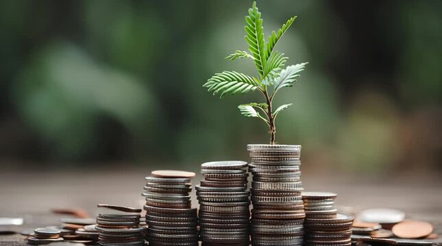 Growing plant coin stack finance savings investment growth money budget economic wealth stacked coin finance savings investment growth money plant