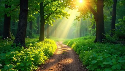 Fototapeta premium Sun-Dappled Forest Path A Tranquil Summer Scene of Lush Green Foliage and Winding Trail, Perfect for Travel and Nature Photography