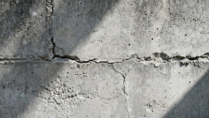Obraz premium Rough gray concrete surface displays prominent horizontal and vertical structural cracks under sunlight