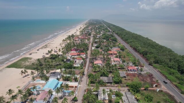 Scenic aerial view over sandbar separating sea and lagoon in Anzo&aacute;tegui, Venezuela