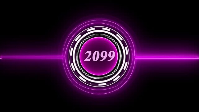 2099 text with screen effects of technological failures. Concept of counting years. Past year technology concept