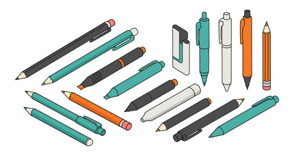 Various stationery pens and pencils in modern isometric style