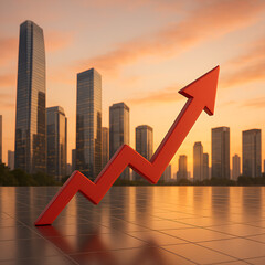 Business Growth and Economic Success Arrow over Modern City Skyline at Sunset