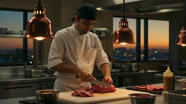 Realistic Video Chef Slicing Beef In Professional Kitchen Warm Lighting