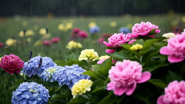 Realistic vibrant flower field in gentle rain with pink peonies and blue hydrangeas