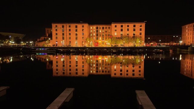4K: Albert Dock, Liverpool, Merseyside, UK. At Night On the waterfront. Stock Video Clip Footage