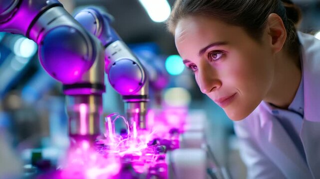 Young Hispanic Female Textile Automation Specialist Using Computer Vision to Control Purple Robotic Arms Weaving Advanced Technical Fabrics in a Smart Clothing Manufacturing Facili