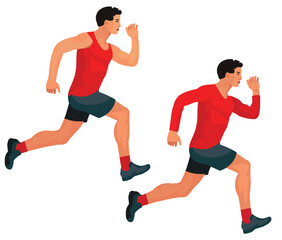 An East Asian athlete running intensely in profile in a red seasonal uniform at a race