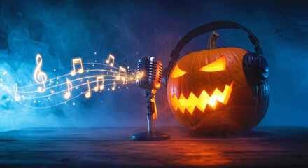 Halloween pumpkin with headphones and microphone. Spooky jack o lantern singing with music notes. Funny Halloween party or event concept.