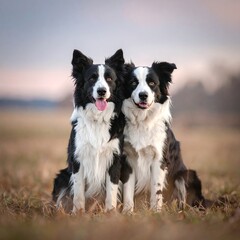 Fototapeta premium Two border collies sit together in a field