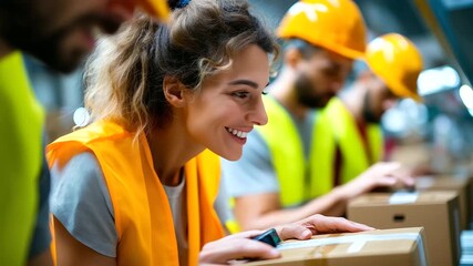 Young Hispanic Female Warehouse Manager Using Handheld Scanner to Track Amazon Prime Packages on Automated Sorting Conveyor in a Fulfillment Center. Team Leader in High-Visibility