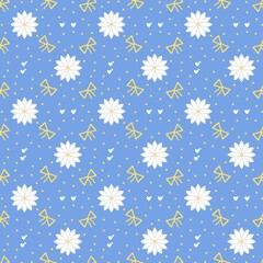 Cute Floral Pattern with White Daisies and Yellow Bows on Blue Background