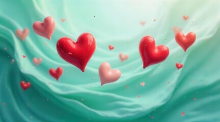 The image depicts a heartwarming display of vibrant red and delicate pink hearts softly drifting through a serene and inviting wavy background, evoking feelings of affection and tender joy.