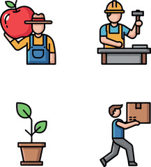 Colorful Flat Outlined Vector Icons of Professional Occupations and Nature