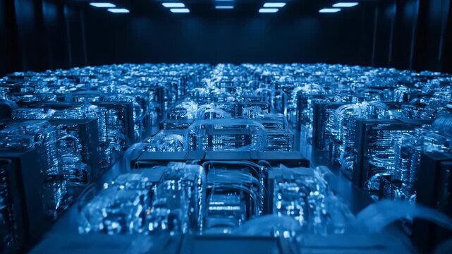 A futuristic cityscape rendered in blue tones with sleek skyscrapers and modern architecture in a dark room with overhead lighting.