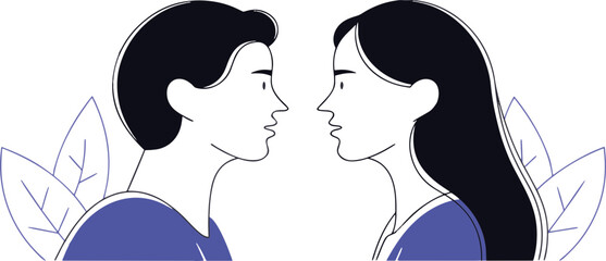 Profile View Man and Woman in a Modern Illustration Style, Facing Each Other