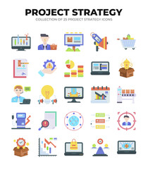 Project Strategy Icons. 25 Colorful Flat Design Elements for Management and Planning