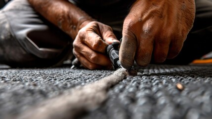 Closeup of a persons hands meticulously working on a textured gray surface, possibly repairing or crafting something with a small tool, showcasing attention to detail and craftsmanship in progress