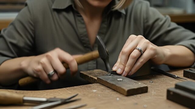 Realistic video of a jeweler crafting jewelry with hammer and tools