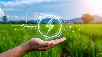 Hand holds green energy icon over field with wind turbine - Powered by Adobe