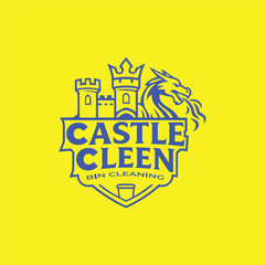 Castle Clean Shield Logo Icon. emblem with blue castle towers and dragon, for premium cleaning services. Vector illustration for branding.