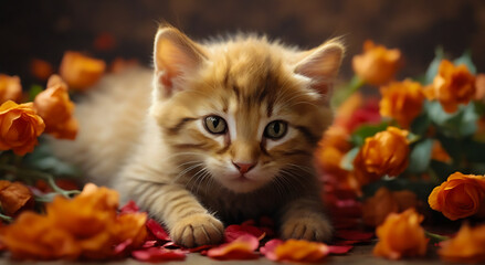 Fototapeta premium Tabby kitten surrounded by orange roses and petals. Adorable brown and orange striped kitten. Small kitten in warm floral setting with soft focus background.