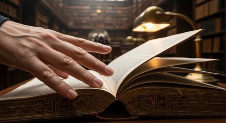 Turning old book pages in library, hand browsing through vintage text, reading aged literature. Turning old book pages to explore knowledge, researcher reading aged literature and historical document.