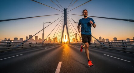 Active man running across bridge during golden hour. Active man running for fitness along an urban bridge with modern architecture in background.