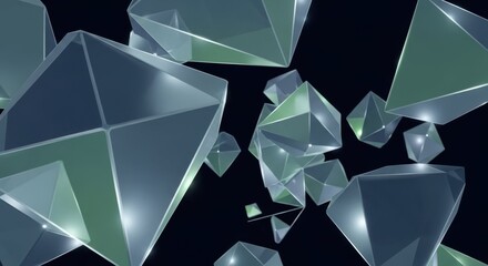 Abstract shapes float with metallic sheen, creating abstract shapes in geometric design, and light reflections. Abstract shapes design in dark color scheme, can be used for digital background,
