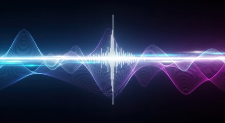 Abstract sound waves are shown in a bright spectrum on a dark background. Abstract sound waves are perfect for illustrating music, audio, or signal processing.