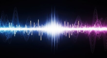 Sound wave, sound wave, energetic pulse with bright light against black background. Energetic signal includes digital frequencies and visual rhythm.
