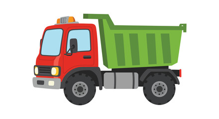 A vibrant red and green dump truck illustrated in a bold graphic silhouette style on a white background