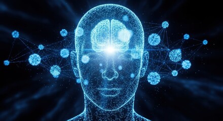 Human intelligence represented by luminous brain and face as a modern technology concept. Human intelligence linked through network connections signifies innovation and creative mind.